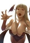  backlighting bangs bare_shoulders blunt_bangs breasts bugfix head_wings large_breasts long_hair looking_at_viewer morrigan_aensland open_mouth pantyhose pose red_eyes solo vampire_(game) white_background 