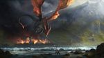  2010 dragon fantasy feral fire flying gaius31duke horn human j._r._r._tolkien male mammal mountain river scalie smaug smoke the_hobbit village wallpaper water wave widescreen wings 