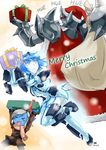  beard blue_eyes blue_hair blue_skin boots christmas english facial_hair genderswap genderswap_(mtf) gift hat highres league_of_legends mordekaiser multiple_girls nam_(valckiry) personification santa_hat scarf short_hair surprised tristana white_hair xerath 