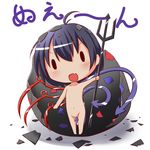  ahoge asymmetrical_wings black_hair blue_wings chibi egg fang highres houjuu_nue makuran nude open_mouth polearm red_wings short_hair smile solid_oval_eyes solo touhou translation_request trident weapon wings 