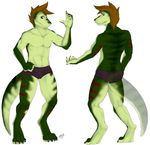  anthro hair lizard looking_at_viewer male mascot model_sheet mystikfox61 oby plain_background pose reptile scalie smile solo speedo standing swimsuit toned 