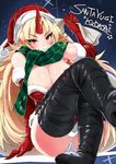  areola_slip areolae ario bare_shoulders blonde_hair blush boots breasts cleavage crossed_legs elbow_gloves fang gloves grin horns hoshiguma_yuugi huge_breasts legs looking_at_viewer maebari panties pantyshot pantyshot_(sitting) scarf sitting smile solo thigh_boots thighhighs touhou underwear upskirt white_panties 
