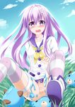  absurdres blush catstudioinc_(punepuni) censored d-pad d-pad_hair_ornament dogoo hair_ornament highres long_hair nepgear neptune_(series) no_panties open_mouth purple_eyes purple_hair pussy solo striped striped_legwear thigh_strap 