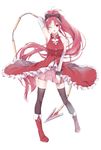  ;o arm_up bad_id bad_pixiv_id bare_shoulders black_legwear boots detached_sleeves hair_ribbon long_hair looking_at_viewer mahou_shoujo_madoka_magica moegi0926 one_eye_closed open_mouth polearm ponytail red_eyes red_hair ribbon sakura_kyouko skirt solo spear thighhighs weapon 