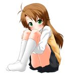  antenna_hair brown_hair buriserin green_eyes holding_legs koshigaya_komari long_hair looking_at_viewer non_non_biyori sitting smile solo 