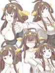  :d ahoge alternate_costume bad_id bad_pixiv_id bare_shoulders blush_stickers breasts brown_hair cleavage detached_sleeves double_bun glowing glowing_eyes hair_ornament hairband hand_on_own_cheek hand_on_own_face headgear highres japanese_clothes kantai_collection kchair02_(k02-yan) kongou_(kantai_collection) large_breasts long_hair looking_at_viewer maid nontraditional_miko open_mouth out-of-frame_censoring outstretched_arm ribbon-trimmed_sleeves ribbon_trim smile solo thighhighs 