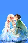  1girl blonde_hair couple dress forehead_kiss hetero highres hood hoodie kagerou_project kiss kozakura_marry long_hair ponko_(popopoponko) seto_kousuke short_hair 