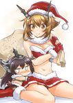  2girls ankle_boots bare_shoulders black_panties blush boots brown_eyes brown_hair chibi christmas english gloves hat headgear highres hug kantai_collection long_hair looking_at_viewer miniskirt multiple_girls mutsu_(kantai_collection) nagato_(kantai_collection) navel okitakung panties red_gloves santa_boots santa_costume santa_gloves santa_hat shiny shiny_skin sitting skirt underwear 