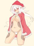  ahoge arms_behind_back bad_id bad_pixiv_id belly blush breasts earrings esupu hat jewelry large_breasts long_hair navel nipples original panties pointy_ears red_eyes santa_costume santa_hat see-through solo tattoo underwear white_hair 