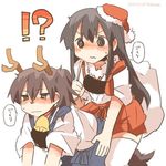  2girls akagi_(kantai_collection) antlers bad_id bad_twitter_id bell black_eyes brown_hair christmas hat kaga_(kantai_collection) kantai_collection long_hair lowres multiple_girls muneate rebecca_(keinelove) reindeer_antlers riding sack santa_hat short_hair side_ponytail sweat tail 