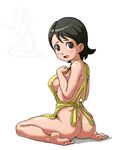  1girl apron ass between_legs black_eyes black_hair blush breasts commentary_request from_behind hand_between_legs hetero inazuma_eleven_(series) isu kino_aki large_breasts looking_back lowres naked_apron nude open_mouth penis poking sideboob sitting smile solo_focus wariza when_you_see_it 