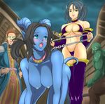  big_breasts blue_skin breasts camel_toe chain clothing collar cyan_eyes draenei elf exhibitionism female glowing glowing_eyes grey_hair hair holding horn leash legwear metal nekomatag nipples not_furry nude open_mouth pet_play pointy_ears rubber shiny sky standing street thigh_highs thong video_games warcraft 