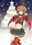 antlers bad_id bad_pixiv_id black_gloves breasts brown_hair chain christmas christmas_tree gloves green_eyes headgear highres kantai_collection large_breasts looking_at_viewer miniskirt mutsu_(kantai_collection) one_eye_closed reindeer_antlers santa_costume short_hair skirt snowing solo star taniwasu thighhighs 