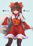  asuna_(i_luv) black_legwear bow brown_hair detached_sleeves hair_bow hair_tubes hakurei_reimu red_eyes sack smile solo thighhighs touhou 