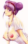  1girl asamiya_athena atena breasts bun bun_cover collarbone covered_nipples double_bun ears erect_nipples female hairband king_of_fighters lips lucretia navel nipples purple_eyes purple_hair see-through shirt skirt smile snk solo wet wink 