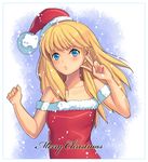  bare_shoulders blonde_hair blue_background blue_eyes christmas collarbone dress expressionless fur_trim hat long_hair merry_christmas moda one_piece santa_costume santa_hat snow solo strapless strapless_dress v yumiyokiak 