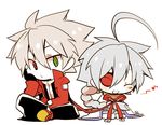  1girl ahoge bad_id bad_pixiv_id black_pants blazblue bodysuit cape chibi eyepatch heterochromia kuro_yuzu nu-13 pants ragna_the_bloodedge ribbon silver_hair 