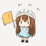  1girl bangs black_footwear blue_shirt blush_stickers boots brown_hair brown_shorts character_name clothes_writing eyebrows_visible_through_hair flag flat_cap full_body grey_background hair_between_eyes hat hataraku_saibou holding holding_flag holding_whistle long_hair platelet_(hataraku_saibou) rinechun shirt short_sleeves shorts simple_background solid_oval_eyes solo standing twitter_username very_long_hair whistle white_hat 