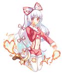  :q bad_id bad_pixiv_id boots bow fire fujiwara_no_mokou hair_bow hair_ribbon heart highres long_hair midriff onaga red_eyes ribbon short_shorts shorts smile solo sparkle suspenders tongue tongue_out touhou very_long_hair wand white_hair 