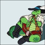  anthro belly bojog boots chubby clothed clothing crocodilian english_horn eyes_closed fangs feather flute half-dressed hat himegoto123 male music musical_instrument musician penis plain_background playing_music recorder reptile scales scalie solo teeth thick_tail topless unzipped vein 