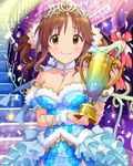  bare_shoulders blue_dress breasts brown_eyes brown_hair cleavage confetti dress frills hair_ornament happy holding idolmaster idolmaster_cinderella_girls jewelry looking_at_viewer medium_breasts neck_ribbon official_art ribbon solo stage stairs star tiara totoki_airi trophy twintails 