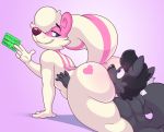  &lt;3 2019 acstlu anthro big_butt butt butt_sniffing canid canine duo fur grin looking_back male mammal mephitid nose_to_anus phurcy pink_fur simple_background skunk smile white_fur 