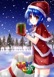  bad_id bad_pixiv_id blue_hair brown_eyes christmas_tree clog_(n-ym0822) gift gloves highres little_busters! nishizono_mio sack santa_costume school_uniform short_hair snow 