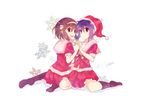  brown_eyes brown_hair grey_hair hairband hat highres holding_hands multiple_girls nagato_yuki nanabuluku pantyhose santa_hat school_uniform serafuku short_hair suzumiya_haruhi suzumiya_haruhi_no_yuuutsu 