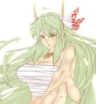  bow breasts choker ex-keine green_hair highres horn_ribbon horns kamishirasawa_keine large_breasts long_hair outstretched_hand poruhi red_eyes ribbon sarashi solo touhou 