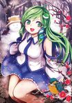  ahoge bare_shoulders bird breasts cherry_blossoms common_kingfisher detached_sleeves frog_hair_ornament green_eyes green_hair hair_ornament hair_tubes kochiya_sanae large_breasts long_hair looking_at_viewer moni_(credo) open_mouth path pyonta road sitting snake_hair_ornament snowing snowman solo touhou tree_branch 