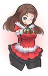  ;) arceonn arms_behind_back black_legwear blue_eyes blush breasts brown_hair capelet christmas cropped_legs detached_sleeves long_hair medium_breasts one_eye_closed original pantyhose smile solo thick_thighs thighs wide_hips 