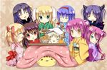  =_= animal_ears cat chibi dog_ears doruji food fruit futaki_kanata hagoita hat iris_yayoi japanese_clothes kamikita_komari kimono kotatsu kurugaya_yuiko little_busters! long_hair mandarin_orange multiple_girls natsume_rin nishizono_mio noumi_kudryavka paddle saigusa_haruka sasasegawa_sasami table tokido_saya 