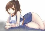  blush brown_eyes brown_hair i-401_(kantai_collection) kantai_collection looking_at_viewer lying on_side one-piece_swimsuit ponytail school_swimsuit short_hair smile solo swimsuit swimsuit_under_clothes tenken_(gotannda) wet 