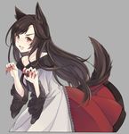  animal_ears brooch brown_hair dress fang fingernails grey_background hagihara_asami imaizumi_kagerou jewelry long_fingernails long_hair long_sleeves looking_at_viewer open_mouth simple_background smile solo tail touhou wolf_ears wolf_tail yellow_eyes 