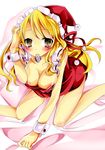  blonde_hair blush breasts brown_eyes condom condom_in_mouth hat highres kotokura_imu large_breasts long_hair mouth_hold santa_costume santa_hat solo touhou touhou_(pc-98) wrist_cuffs yumeko 