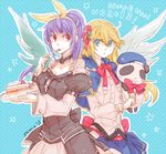  angel_wings asymmetrical_wings beret blazblue blonde_hair blue_hair bow cake choker dizzy dress food fork green_eyes guilty_gear hair_bow hat multiple_girls noel_vermillion panda red_eyes ribbon wings yamo_(sky2world) 