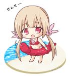  &gt;_&lt; 1girl :o bandage bandaged_arm bandages bare_shoulders barefoot beach bikini blush bunny_hair_ornament chibi collarbone fang full_body hair_ornament innertube light_brown_hair long_hair looking_at_viewer low_twintails natori_sana navel open_mouth red_bikini red_eyes red_innertube rinechun sana_channel sand solo standing swimsuit translation_request twintails very_long_hair virtual_youtuber water white_background 