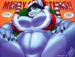  amber_eyes anthro big_breasts black_hair black_nose blue_fur bottomless breasts candy_cane canine christmas claws cleavage clothed clothing english_text female fur hair hat holiday holidays huge_breasts long_hair looking_at_viewer low-angle_shot macro mammal max_blackrabbit navel raven_hunt santa_hat smile solo tall teacher teasing text wolf worm's-eye_view yellow_eyes 