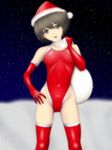  :d bangs black_hair breasts brown_eyes choker christmas competition_swimsuit covered_navel covered_nipples elbow_gloves fur_trim gloves gradient gradient_background hand_on_hip hat head_tilt highleg highleg_swimsuit highres holding looking_at_viewer night night_sky one-piece_swimsuit open_mouth original outdoors over_shoulder red_gloves red_legwear red_swimsuit sack samejima_minoru santa_hat short_hair sky small_breasts smile snow snowing solo standing swimsuit thighhighs 
