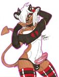  anthro barbs brown_fur claws collar crossdressing demon denyse feline fingerless_gloves fur girly gloves grin hair horn hybrid incubus interspecies legwear lion male mammal markings midriff mocha_softpaw mochasp panties penis red_eyes red_nails rubber stockings thigh_highs underwear 