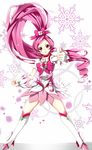  boots bow brooch choker clenched_hand cure_blossom full_body hair_bow hanasaki_tsubomi heartcatch_precure! highres jewelry knee_boots long_hair magical_girl pink_bow pink_choker pink_hair ponytail precure red_eyes ribbon skirt smile snowflakes solo thumbs_up white_background wrist_cuffs yuutarou_(fukiiincho) 