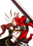  1girl blazblue blazblue_phase_0 bloodedge celica_a_mercury heterochromia jacket katou_yuuki official_art ragna_the_bloodedge red_jacket silver_hair sword weapon 