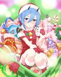  :o bangs bell blue_hair blush boots box candy candy_cane christmas dress fingerless_gloves food fur_trim gift gloves heterochromia highres holly horns in_box in_container io_(pso2) looking_at_viewer parted_lips phantasy_star phantasy_star_online_2 pom_pom_(clothes) red_dress red_gloves santa_costume short_hair sitting snowman solo wreath yamaguchi_(shinigami-no-barad) 