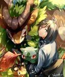  1boy ahoge black_hair blue_eyes bulbasaur calem_(pokemon) calme_(pokemon) gogoat naru_(andante) nintendo pokemon pokemon_(game) pokemon_xy quilladin short_hair 