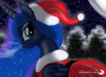  blue_fur blue_hair equine female feral friendship_is_magic fur groovebird hair horn horse looking_at_viewer mammal moon my_little_pony night outside pony santa_costume snow stars winged_unicorn wings 