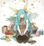  angel_wings asymmetrical_wings black_legwear blue_hair bow dizzy guilty_gear hair_bow kanata_(alezan) ribbon smile solo tail tail_ribbon thighhighs wings 