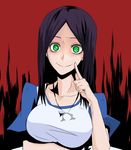  alice_(wonderland) american_mcgee's_alice amulet breast_hold breasts brown_hair crazy_eyes fingersmile green_eyes healtz large_breasts long_hair omega_symbol solo 