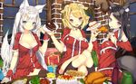  animal_ears bell bell_collar blurry blush breasts cake cheese christmas cleavage collar depth_of_field detached_sleeves food fork fruit glass highres horns large_breasts looking_at_viewer multiple_girls open_mouth original plate shirohina sitting slice_of_cake smile strawberry strawberry_shortcake tail thighhighs 