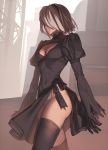  1girl artist_name black_legwear blindfold breasts cleavage cleavage_cutout gloves highres leotard lips mole mole_under_mouth nier_(series) nier_automata revolmxd short_hair silver_hair skindentation solo thighhighs thighs white_leotard yorha_no._2_type_b 