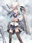  anchor black_legwear blush cannon hammer_and_sickle hat hibiki_(kantai_collection) kantai_collection long_hair makirin pleated_skirt silver_hair skirt snow snowing solo star thighhighs torpedo verniy_(kantai_collection) 